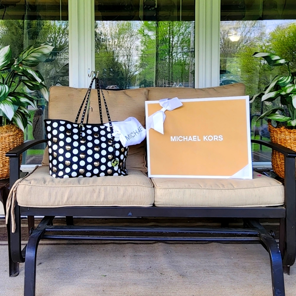 Michael Kors black and white polka-dot studded leather tote